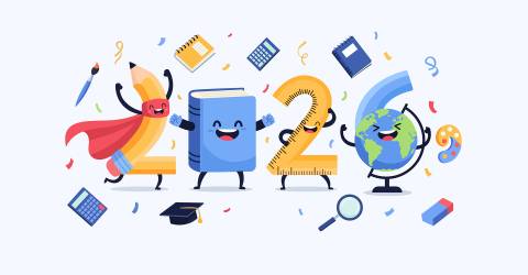 2026 afgebeeld in een potlood, meetlat, boek, aardbol met erom heen een rekenmachine, potlood, verfkwast, afstudeerhoed, boekje en verfpalet